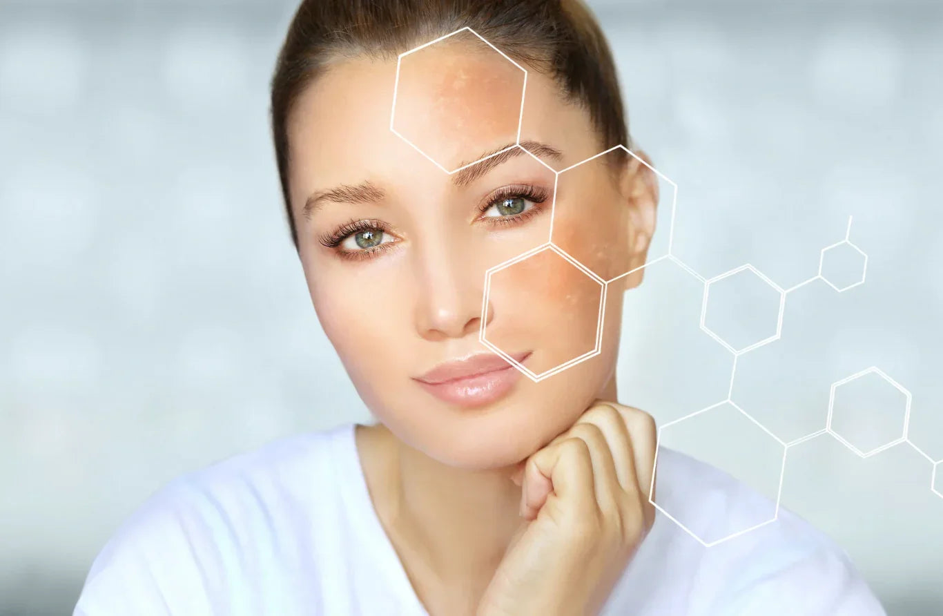 Woman with skincare analysis on her face against a light background