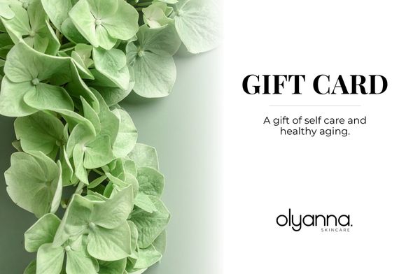 Gift card for olyanna skincare with green hydrangea flowers on a light gray background