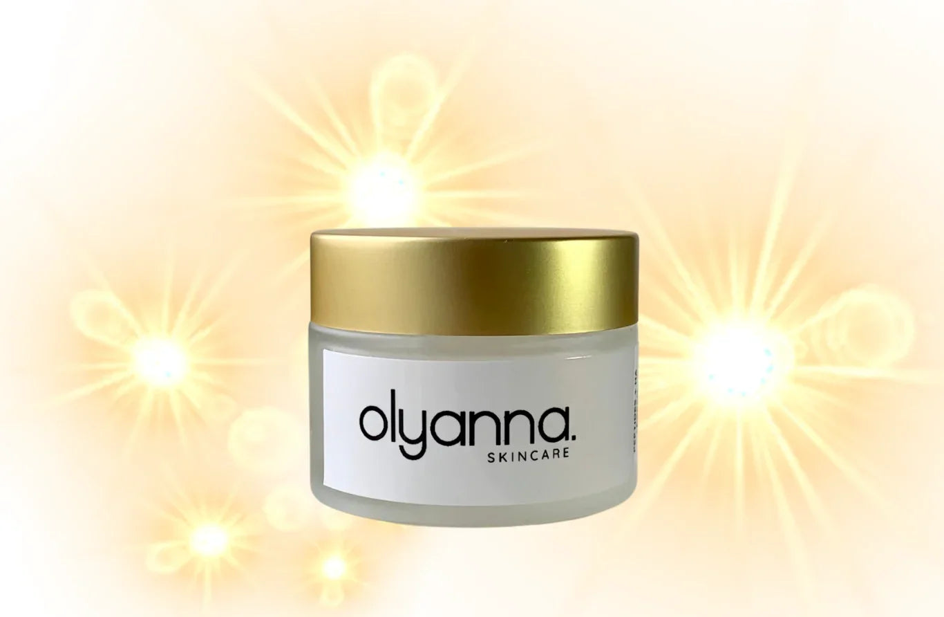 Olyanna skincare jar with a gold lid on a bright background