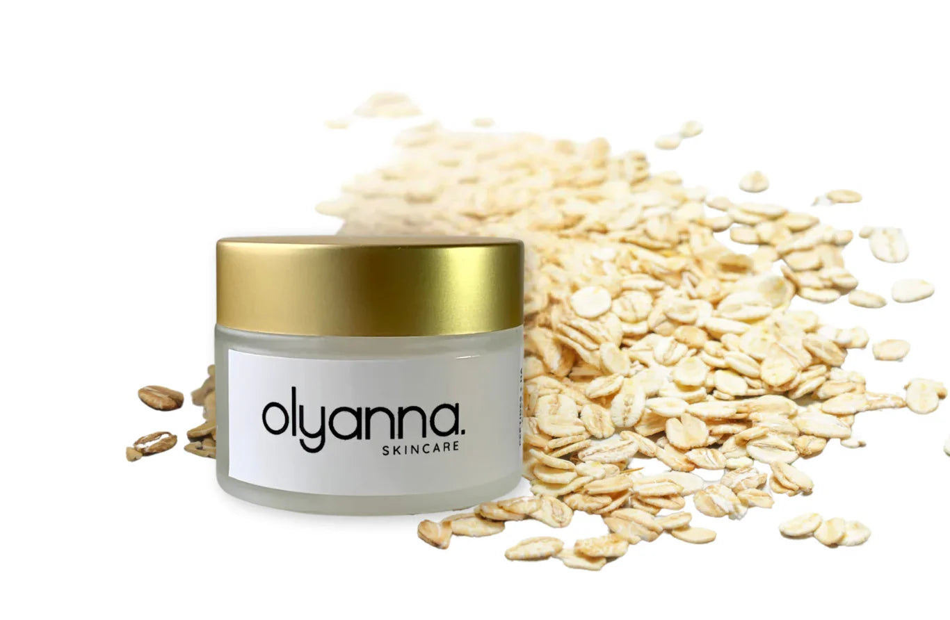 Olyanna skincare jar with oats on a white background