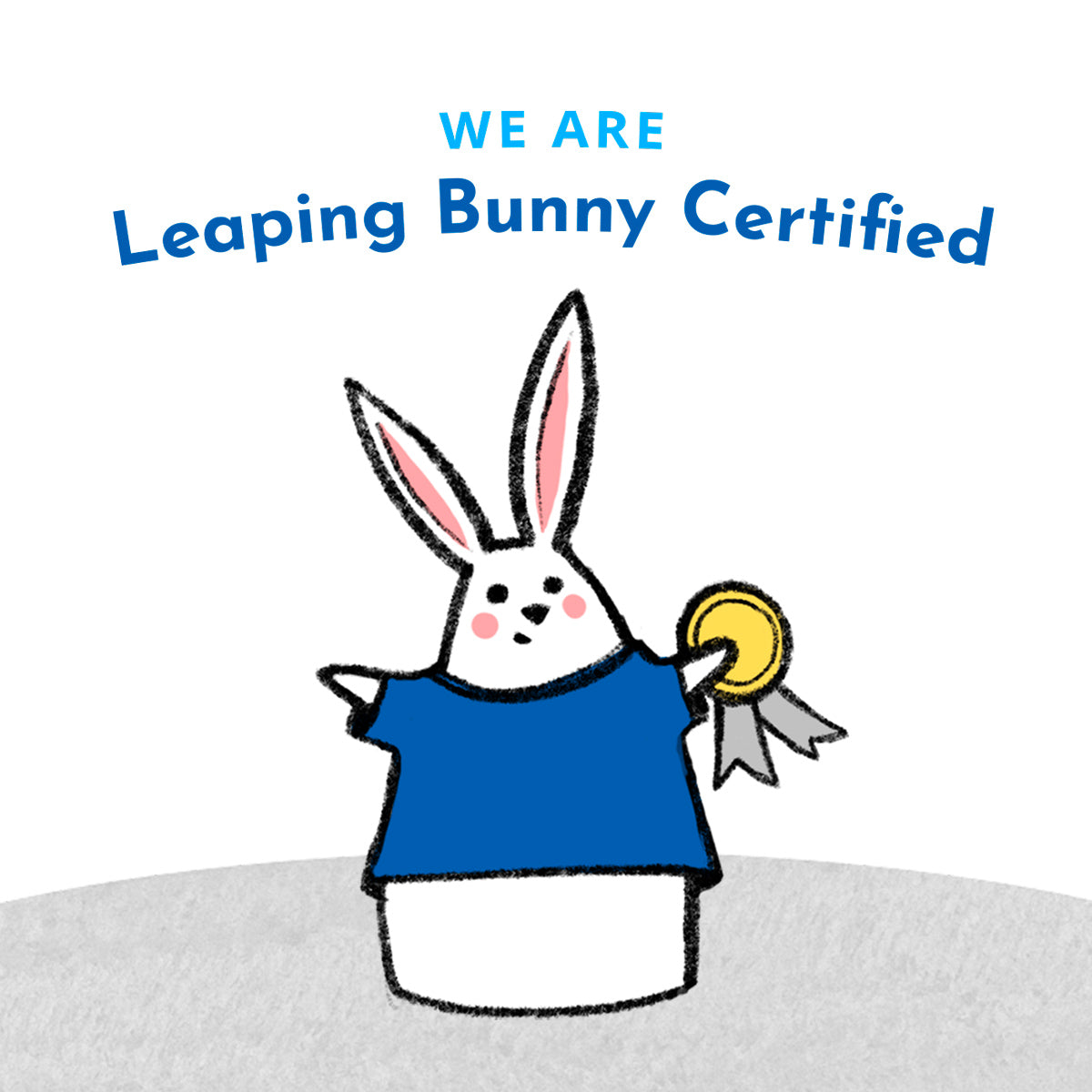 Cartoon rabbit holding a gold medal with 'WE ARE Leaping Bunny Certified' text above.
