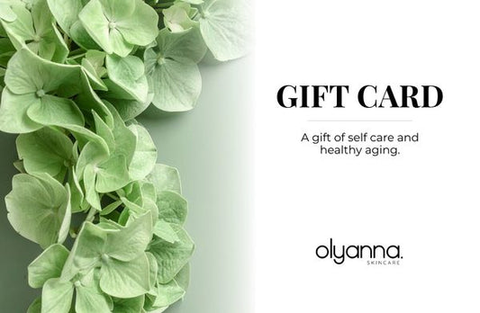 Gift card for olyanna skincare with green hydrangea flowers on a light gray background